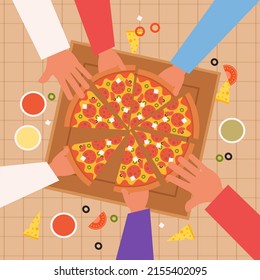 Top view of people eating pizza at a party. Hungry people eating fast food. Vector illustration