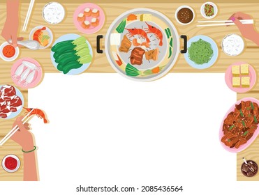 Top view of people eating Thai style BBQ with blank space, Vector Illustration