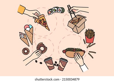 Top view of people eating various kinds of fast food. Person having fasfood meals, enjoy pizza, hotdog, sushi and donut. Unhealthy eating habit, nutrition problem. Vector illustration. 