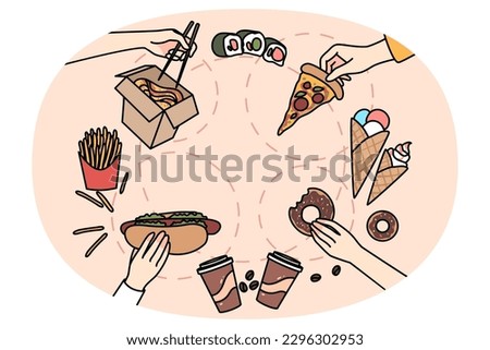 Top view of people eating various kinds of fast food. Person having fasfood meals, enjoy pizza, hotdog, sushi and donut. Unhealthy eating habit, nutrition problem. Vector illustration.