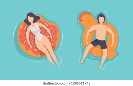 Top View of People Floating on Air Mattress in Swimming Pool Set, Tourists Relaxing and Sunbathing on Inflatable Rings Flat Vector Illustration