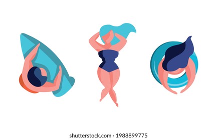 Top View of People Floating on Inflatable Mattresses and Sunbathing Set, Men and Women in Swimsuits Relaxing on Summer Vacation Cartoon Vector Illustration