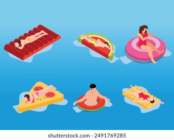 Top view. People floating on inflatable rings in a swimming pool 3d isometric vector illustration