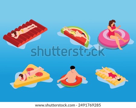 Top view. People floating on inflatable rings in a swimming pool 3d isometric vector illustration