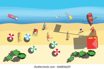 Top view people girls on the beach and lifeguard