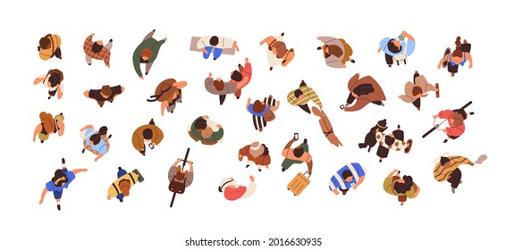 Top view of people going with phones, walking with dogs, standing, sitting and meeting. Overhead set of man and woman. Person in motion above. Flat vector illustration isolated on white background - Shutterstock ID 2016630935