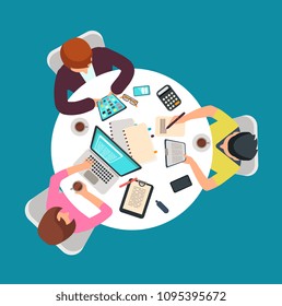 Top view people group work at table. Meeting persons in room vector illustration. Business team in office meeting discussion