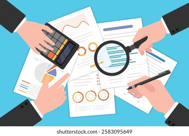 Top view people hand on table with document data, Business meeting at conference table, Paper work for analyzing documents with pen writing calculator and magnifying glass.