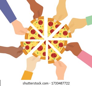Top view of people hands taking pizza slices on white background - Vector illustration