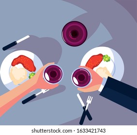 top view of people having dinner at the table vector illustration design