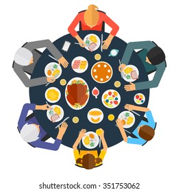 Top View Of  People Having Dinner Together At The Table, Vector Illustration