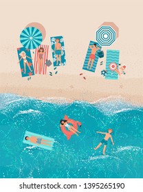 top view of people having a rest on the beach floating in the sea with swimming equipment. Сhildren and parents on vacation at sea. Vector image of towels, sunbathing people, flip flops, beach bag.