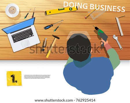 Top view people with home tools on wood table
