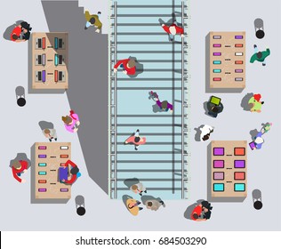 Top view people large electronics shop with a big glass staircase in the interior