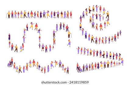 Top view people in line. Customers line of diverse people forming various line shapes, community crowd stay and wait isometric vector illustration set of above line in supermarket