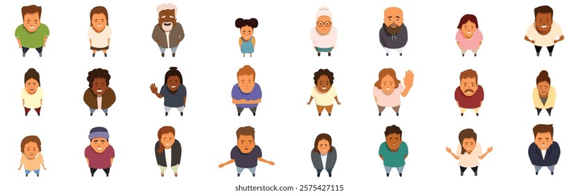  Top view people looking up icons set. Group of diverse people standing and looking up, top view perspective