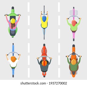 Top view of people on bicycles or bikes flat pictures set for web design. Above view of cartoon characters riding motorcycles isolated vector illustrations. Transportation and vehicles concept