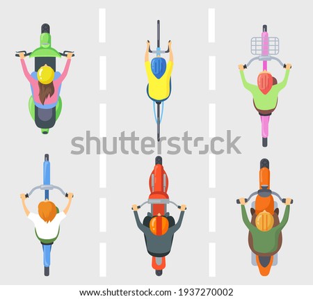 Top view of people on bicycles or bikes flat pictures set for web design. Above view of cartoon characters riding motorcycles isolated vector illustrations. Transportation and vehicles concept