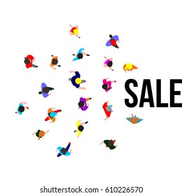 Top View People On Sale Event. Banner For Retail Promotions. Vector Illustration.