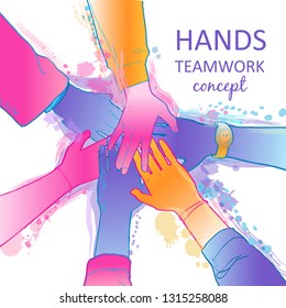 Top view of people putting their hands on each other. Businessman, teamwork, stacking concept. The group of diverse hands joining together. Vector, watercolor illustration