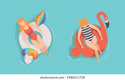 Top View of People Relaxing on Inflatable Swimming Pool Floats Set, Girl in Bikini Sunbathing on Inflatable Flamingo and Unicorn Flat Vector Illustration