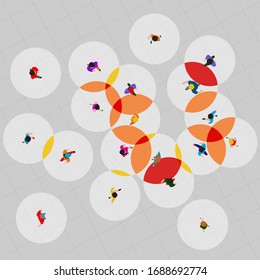 Top view people, safe and dangerous distance to avoid physical contact. Coronavirus covid-19 prevention post. Motivational social banner. Vector illustration.