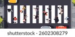 Top view of people set isolated. People cross the pedestrian crossing. Men and women. View from above. Vector illustration. Male and female characters. Simple flat style design. Realistic silhouettes.