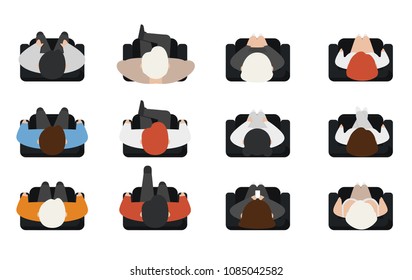 Top view of people set isolated on white background. Men and women sitting armchairs. View from above. Male and female characters. Presentation. Simple cartoon design. Flat style vector illustration.