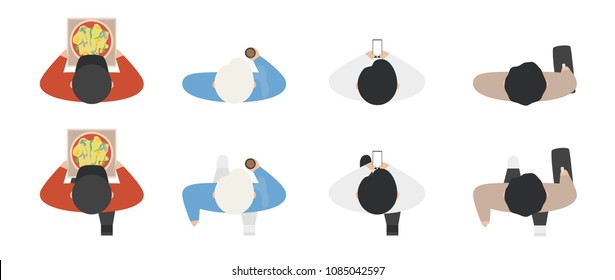 Top view of people set isolated on a white background. Men and women. View from above. Male and female characters with phone, pizza, bag, coffee. Simple cartoon design. Flat style vector illustration.