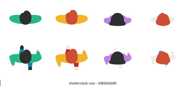 Top view of people set isolated on a white background. Men and women. View from above. Male and female characters. Simple cartoon design. Flat style vector illustration.