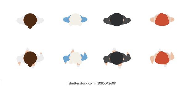 Top view of people set isolated on a white background. Men and women. View from above. Male and female characters. Simple cartoon design. Flat style vector illustration.