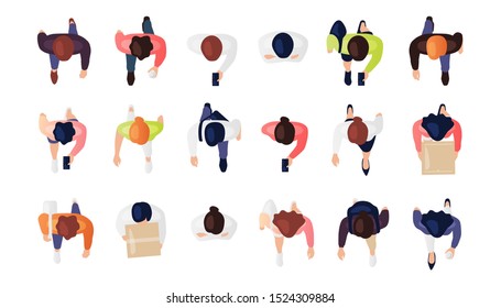 Top view of people set isolated on a white background. Men and women. View from above. Male and female characters. Simple flat cartoon design. Realistic vector illustration. - Shutterstock ID 1524309884