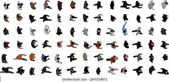 Top view of people set isolated on a white background. View from above. Male characters. Simple flat cartoon design. Realistic vector illustration.