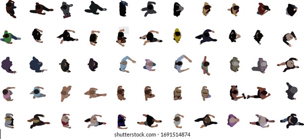 Top view of people set isolated on a white background. View from above. female characters. Simple flat cartoon design. Realistic vector illustration.