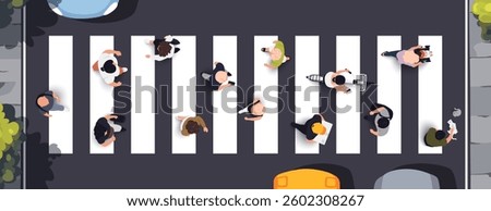 Top view of people set isolated. People cross the pedestrian crossing. Men and women. View from above. Vector illustration. Male and female characters. Simple flat style design. Realistic silhouettes.