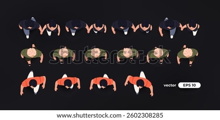Top view of people set isolated. Men and women. View from above. Vector illustration. A couple walks hand in hand. Male and female characters. Simple flat style design. Realistic silhouettes.