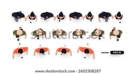 Top view of people set isolated. Men and women. View from above. Vector illustration. A couple walks hand in hand. Male and female characters. Simple flat style design. Realistic silhouettes.
