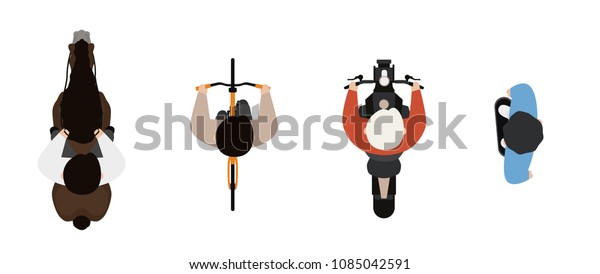 白い背景に人物セットの上面図 馬 バイク 自転車 スケートに乗る男性 上から見る 男性 簡単な漫画デザイン フラットスタイルのベクターイラスト のベクター画像素材 ロイヤリティフリー