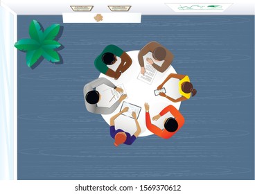 top view people sitting at the table in the office and discussing a business plan, plant, horizontal vector illustration in blue colors