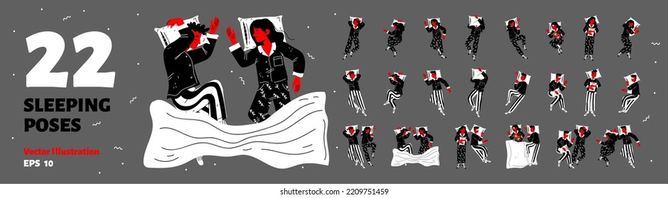 Top View Of People Sleeping In 22 Different Poses. Flat Vector Illustration Set Of Happy Single Man, Woman And Couple Lying In Bed, Having Rest At Night, Wearing Pajamas Isolated On Grey Background