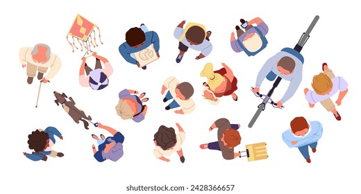 Top view of people walking with dog, standing and cycling. Overhead collection of young and old, male and female characters holding suitcase and bag, kite and pizza cartoon vector illustration