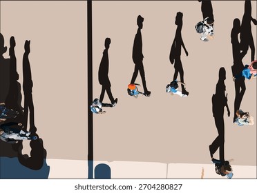 Top View People Walking On Street With Shadow People Crossing Aerial View Vector