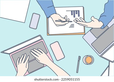 Top view people working at office, hand drawn style vector design illustrations