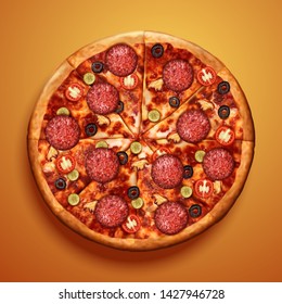 Top view of pepperoni pizza with delicious ingredients on chrome yellow background in 3d illustration