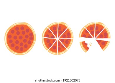 Top view of pepperoni pizza. Full piece, slices and eat