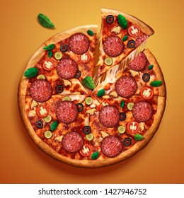 Top view of pepperoni pizza with stringy cheese on chrome yellow background in 3d illustration