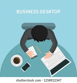 Top view of person business desk with his laptop