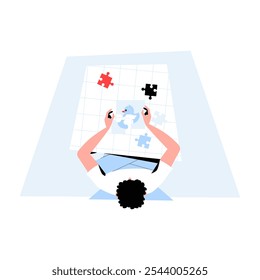 Vista Superior Da Pessoa Que Resolve O Quebra-Cabeça Na Ilustração De Vetor Plano Simbolizando A Resolução De Problemas, Paciência E Desafio Mental, Isolada No Fundo Branco