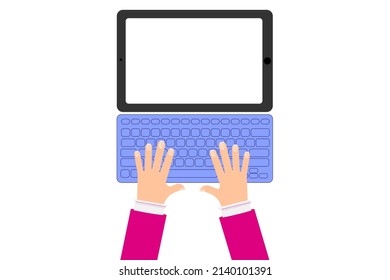 Top view of a person using a laptop or a modern tablet. Blank white screen. Template mock up. Cartoon flat vector illustration