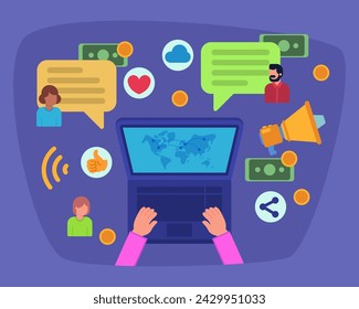 Top view of person working on laptop in social networks to make money. Vector illustration of megaphone, message bubbles, like sign, banknotes. Social media interaction, finance concept